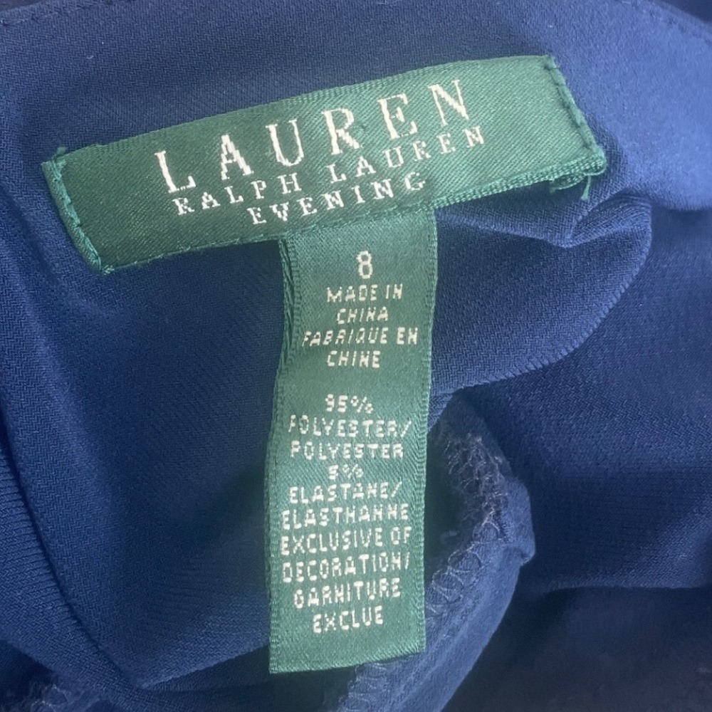 Lauren Ralph Lauren  Navy Blue Ruched Rhinestone  Dress 8 Prom Wedding Cocktail - Picture 8 of 9